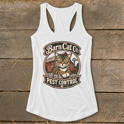 A white racerback tank top featuring a graphic of a tabby cat behind a fence with the text Barn Cat Co Pest Control.