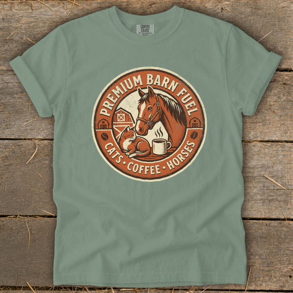 T-shirt graphic with horse, cat, and coffee mug, reads "Premium Barn Fuel Cats Coffee Horses".