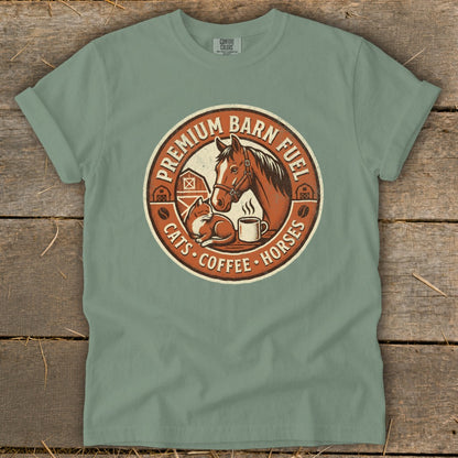 T-shirt graphic with horse, cat, and coffee mug, reads "Premium Barn Fuel Cats Coffee Horses".