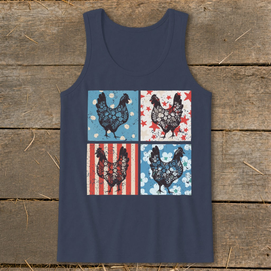 Navy tank top with four framed chicken designs, featuring patriotic patterns.