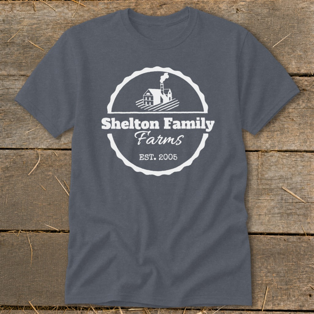 Grey t-shirt with white Shelton Family Farms logo and est. 2005.