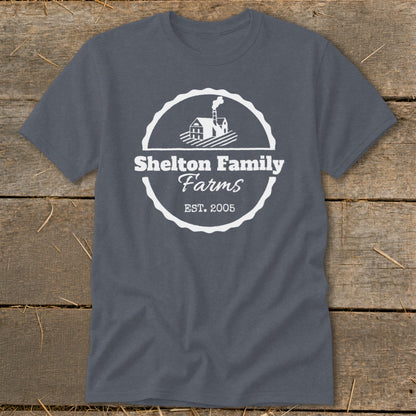Grey t-shirt with white Shelton Family Farms logo and est. 2005.
