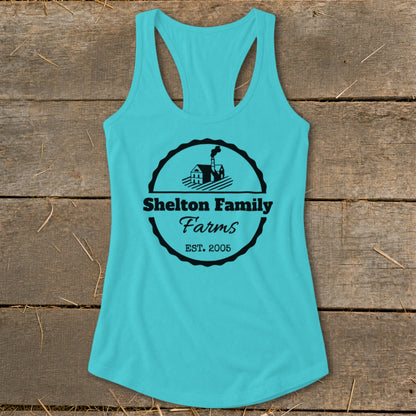 Teal tank top with Shelton Family Farms logo and Est. 2005.