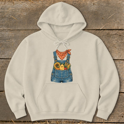 Cream hoodie with a denim overall graphic featuring a chick, sunflower, corn, and bandana.