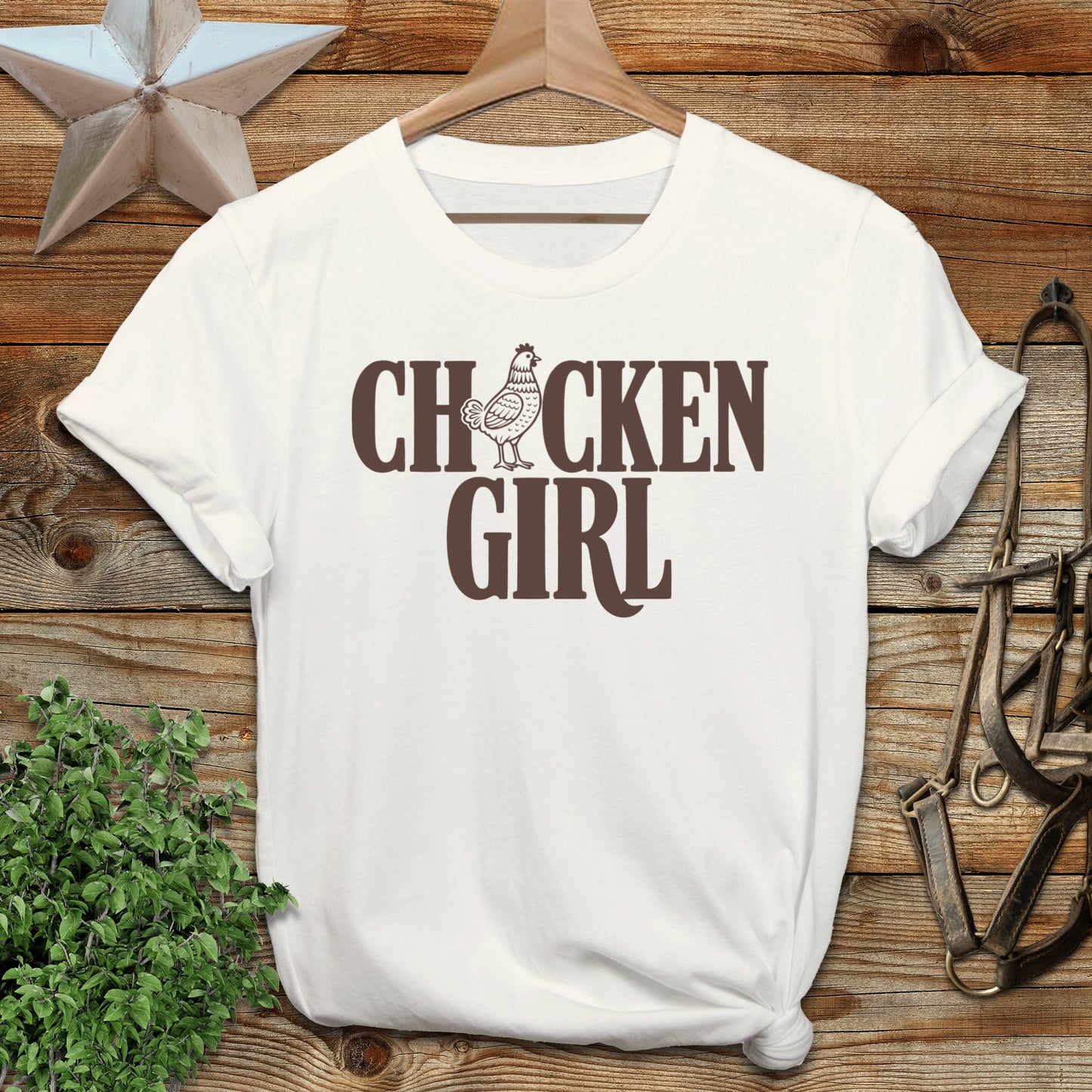 White t-shirt with "Chicken Girl" text and chicken graphic.