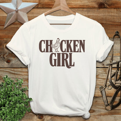 White t-shirt with "Chicken Girl" text and chicken graphic.