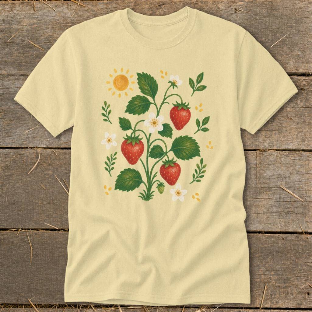 Yellow t-shirt with a botanical illustration of a strawberry plant and the sun.