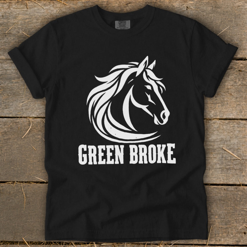 A black t-shirt featuring a white graphic of a horse's head and the text GREEN BROKE.
