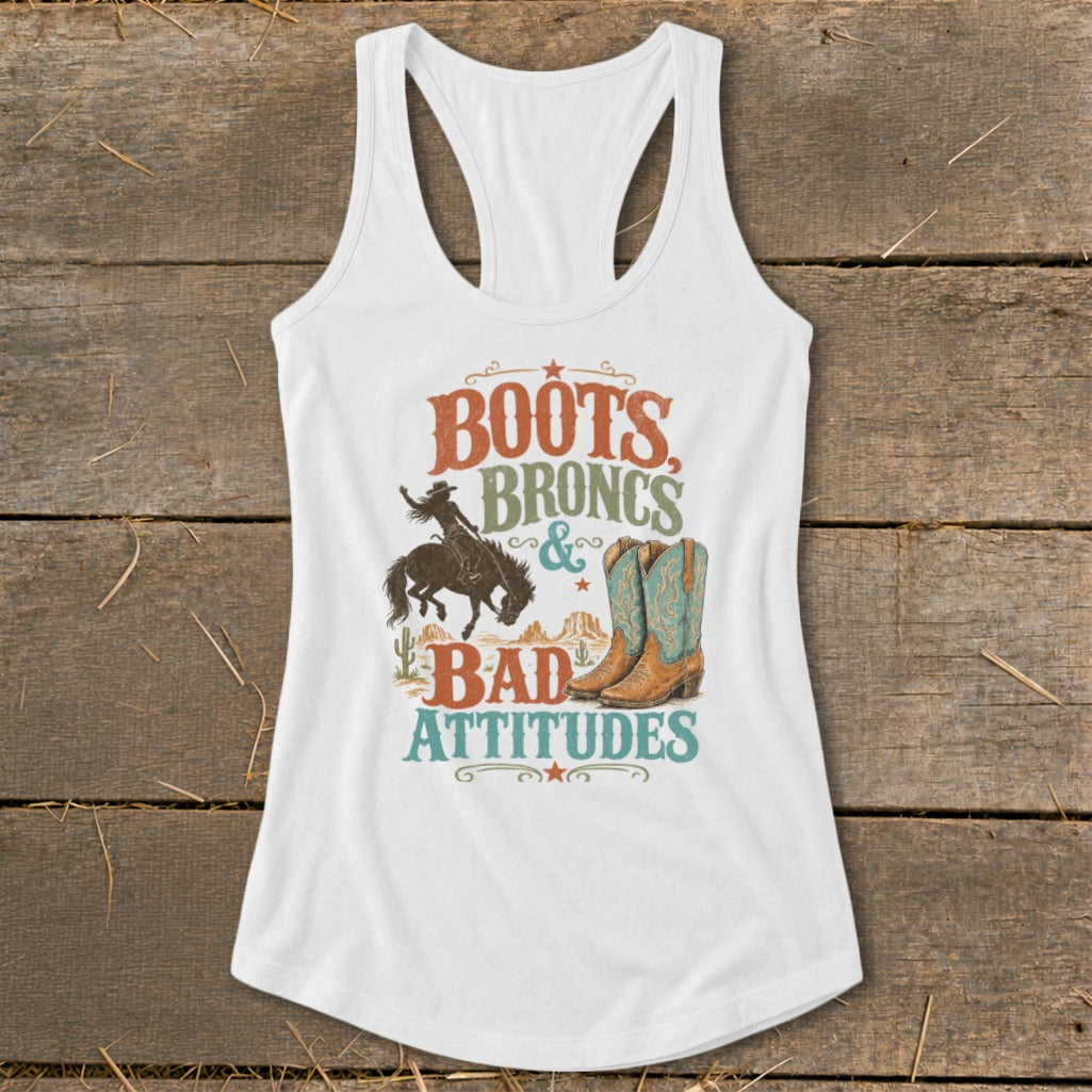 White tank top with "Boots, Broncs & Bad Attitudes" text and western graphics.