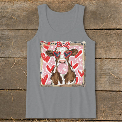 Cow with heart sunglasses blowing bubblegum on pink and red heart background.