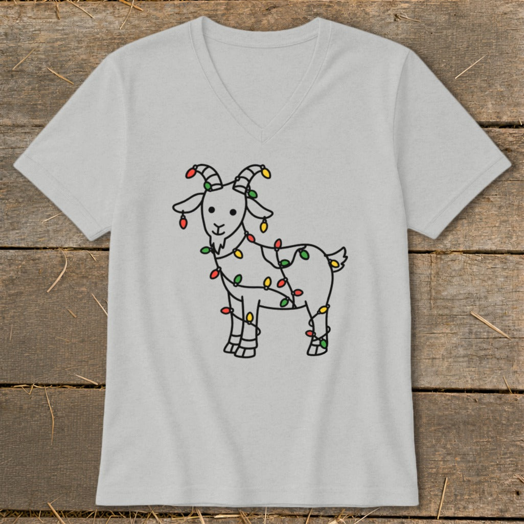 Light gray v-neck t-shirt with a black outline drawing of a goat wrapped in colorful Christmas lights.