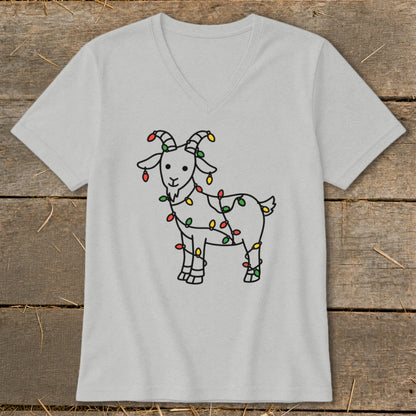 Light gray v-neck t-shirt with a black outline drawing of a goat wrapped in colorful Christmas lights.