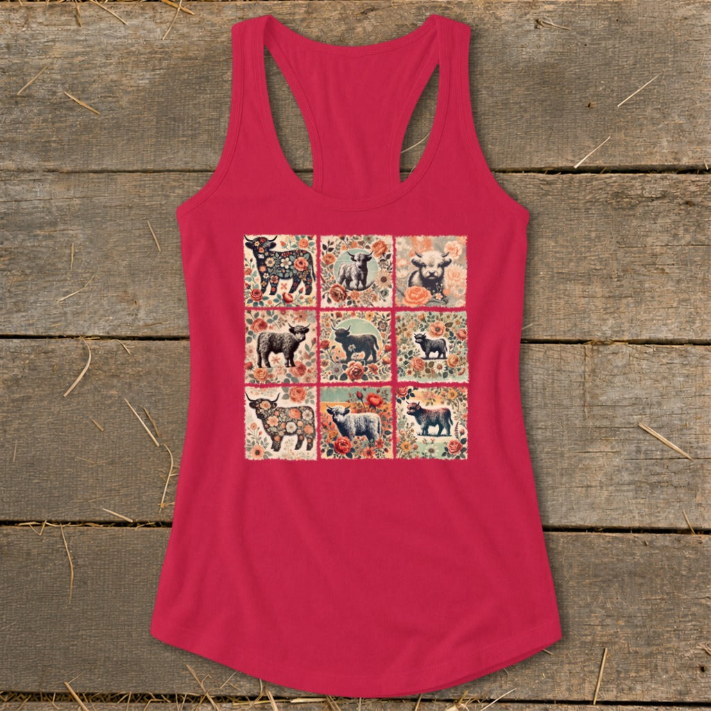 Pink tank top with a nine-panel print of Highland cows and floral patterns.