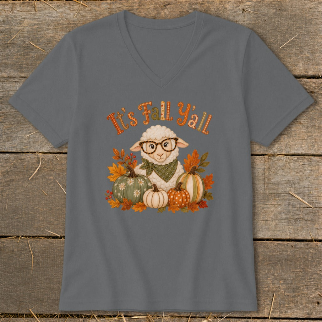 Sheep with glasses and scarf, surrounded by pumpkins, with text "It's Fall Y'all".