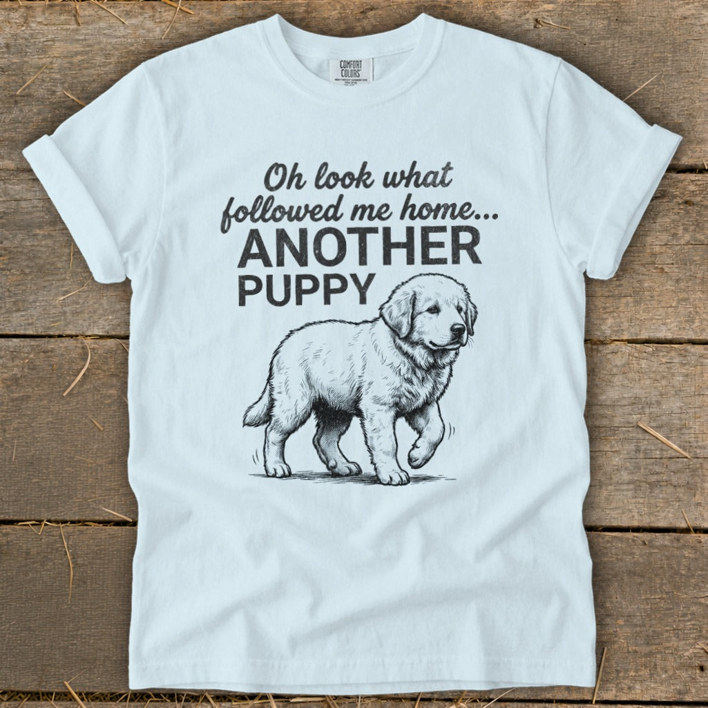 White t-shirt with black sketch of a puppy and text "Oh look what followed me home... ANOTHER PUPPY."