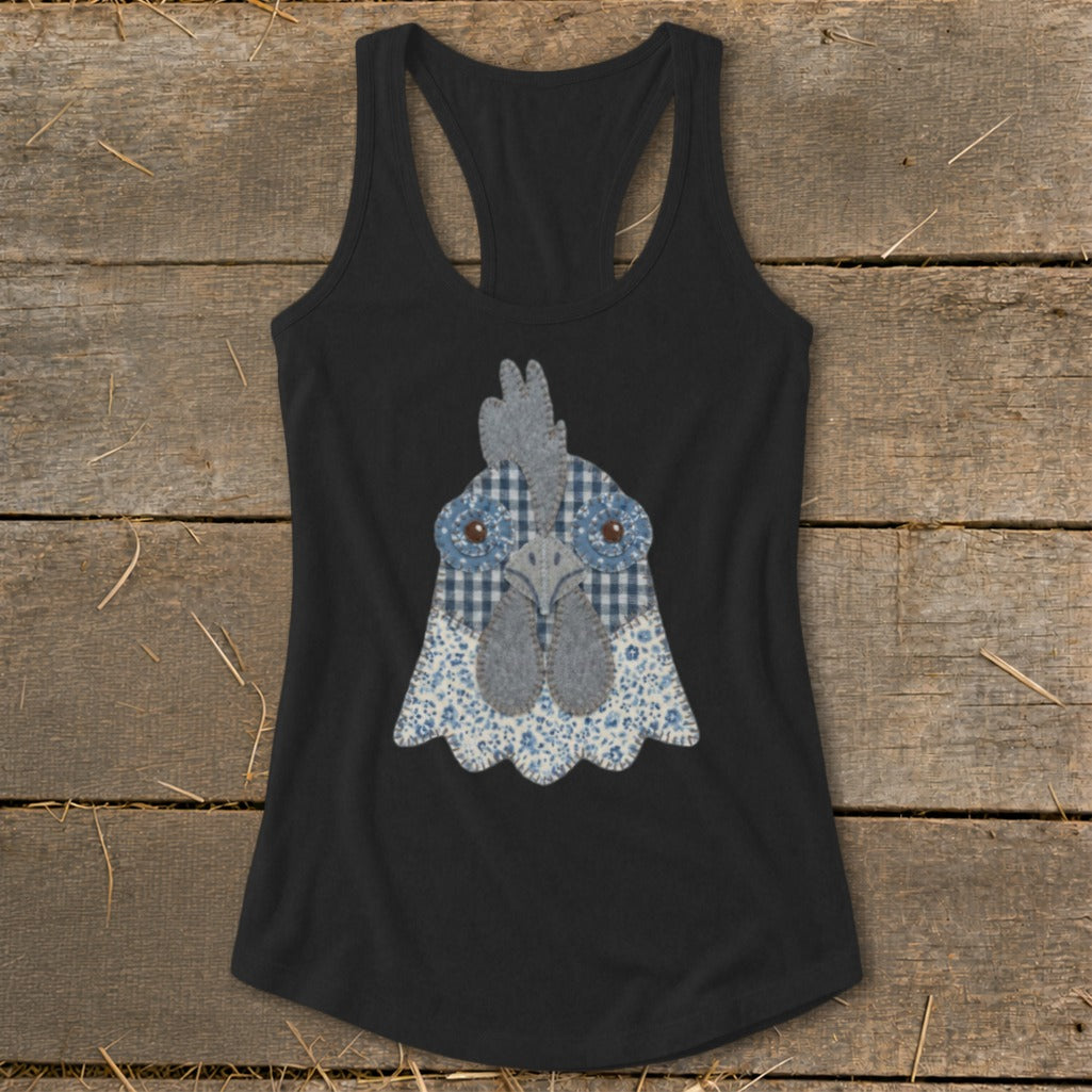 Black tank top with a blue gingham and floral patchwork chicken head design.