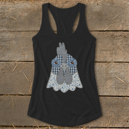 Black tank top with a blue gingham and floral patchwork chicken head design.