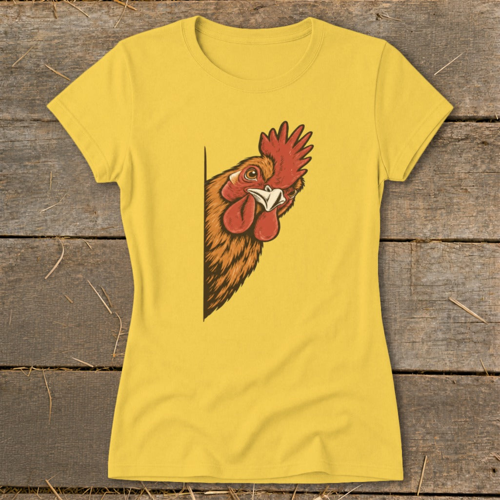 Yellow t-shirt with a cartoon rooster peeking from the side.