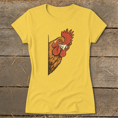 Yellow t-shirt with a cartoon rooster peeking from the side.