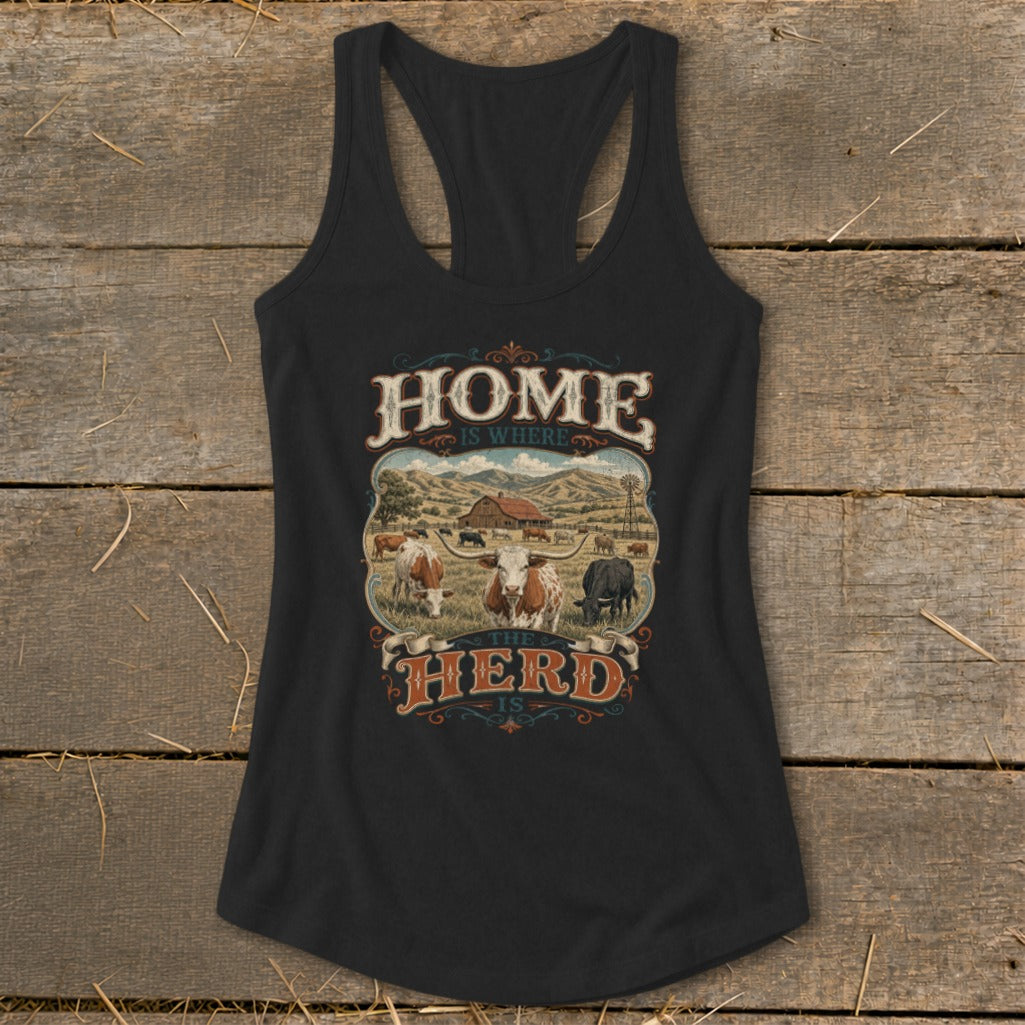 Black tank top with rustic farm graphic and text "HOME IS WHERE THE HERD IS."