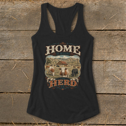 Black tank top with rustic farm graphic and text "HOME IS WHERE THE HERD IS."