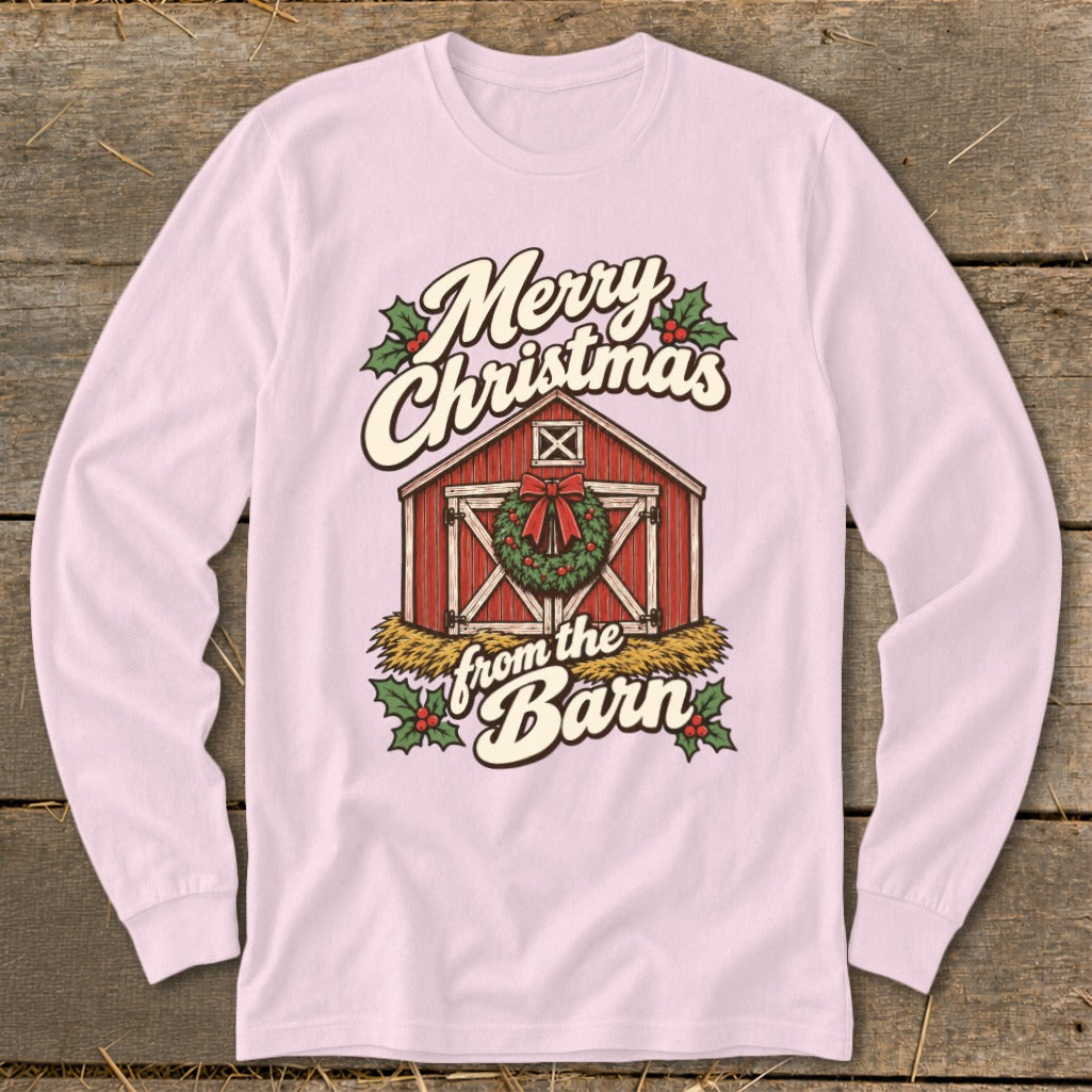 Merry Christmas from the Barn graphic on a pink long-sleeve shirt.