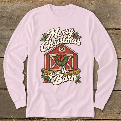 Merry Christmas from the Barn graphic on a pink long-sleeve shirt.