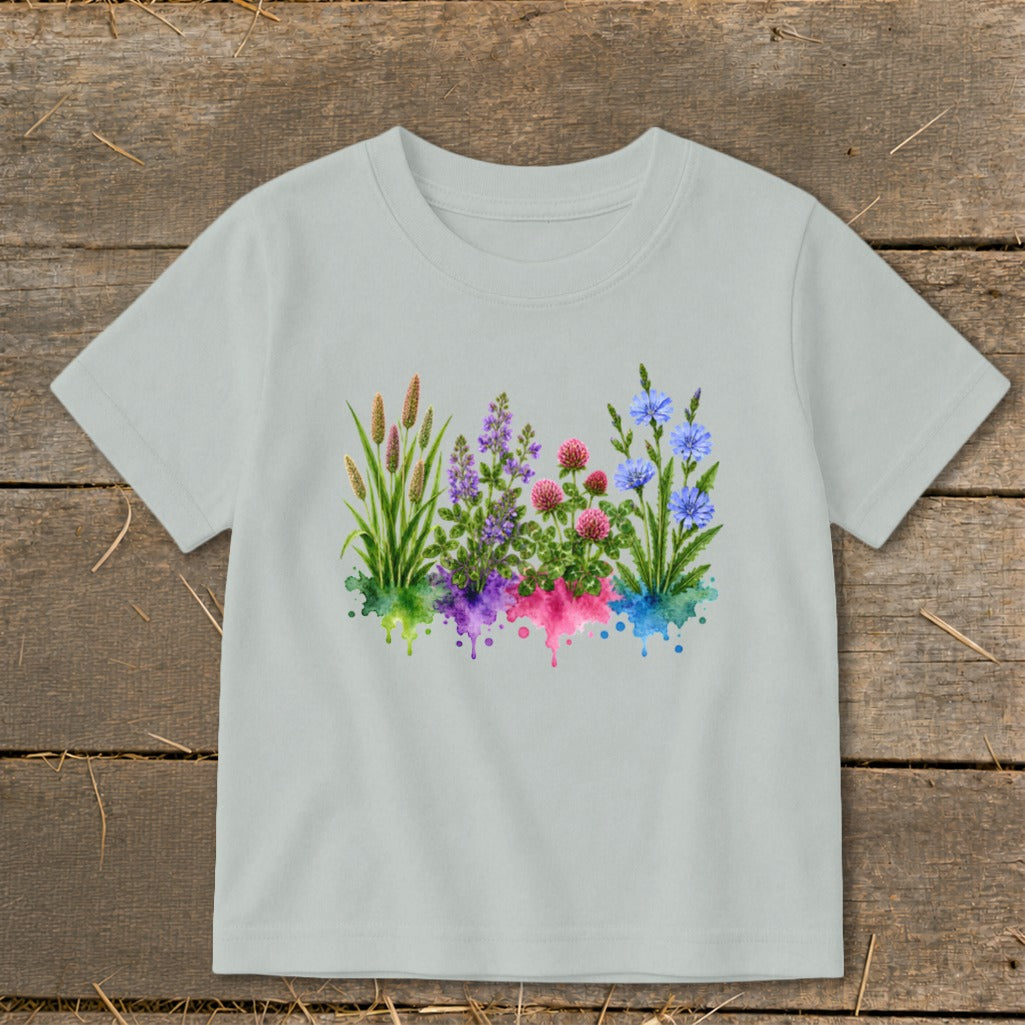 Light gray short-sleeve children's t-shirt featuring a watercolor illustration of colorful meadow flowers.