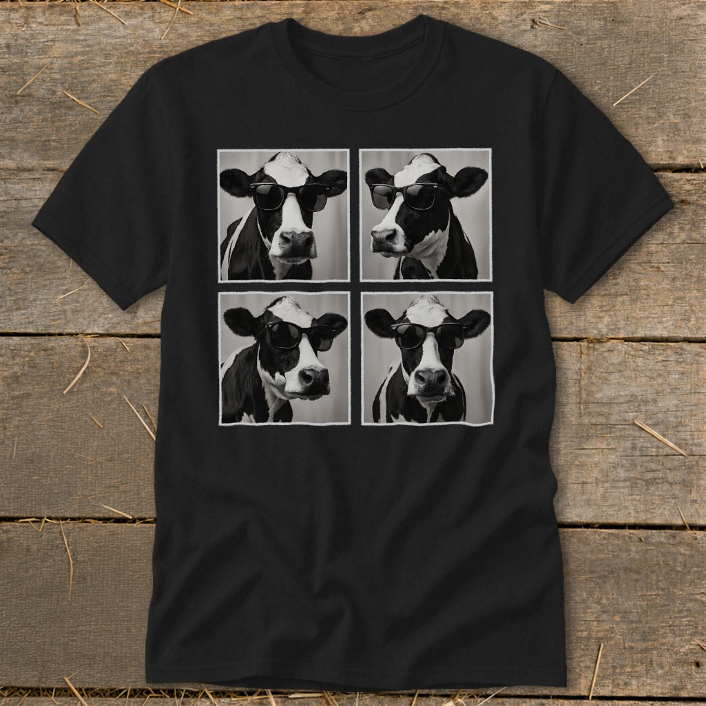 Black t-shirt with four black and white cow portraits wearing sunglasses.