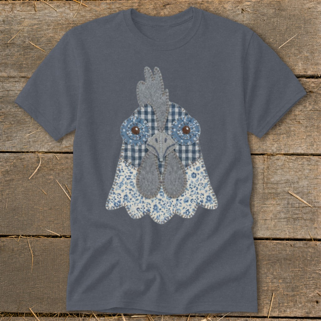Gray t-shirt with a fabric applique of a chicken's head.