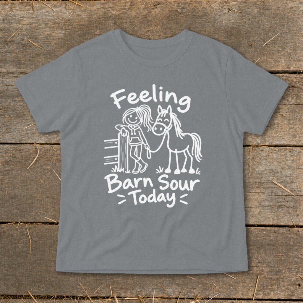 Grey t-shirt with "Feeling Barn Sour Today" text and cartoon girl with horse graphic.
