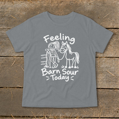 Grey t-shirt with "Feeling Barn Sour Today" text and cartoon girl with horse graphic.