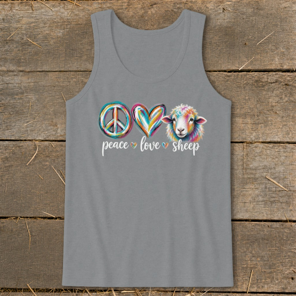 Gray tank top with a peace sign, heart, and colorful sheep graphic with text.