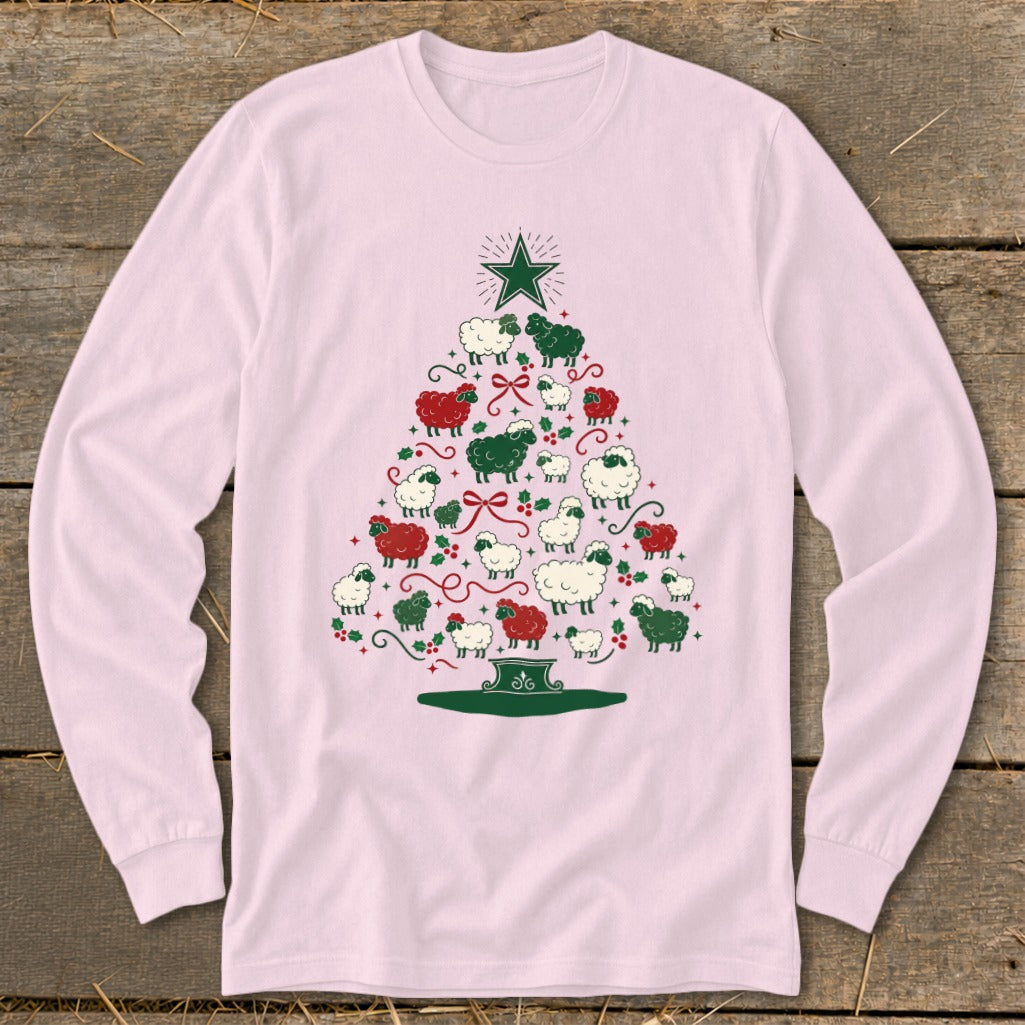 Pink long sleeve shirt with a Christmas tree made of sheep and festive decorations.