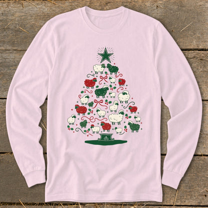 Pink long sleeve shirt with a Christmas tree made of sheep and festive decorations.