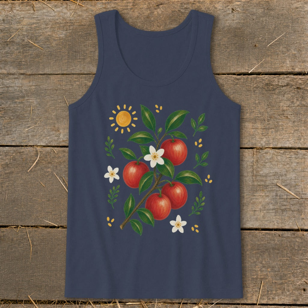 Navy tank top with a painting of red apples, white blossoms, and a sun.