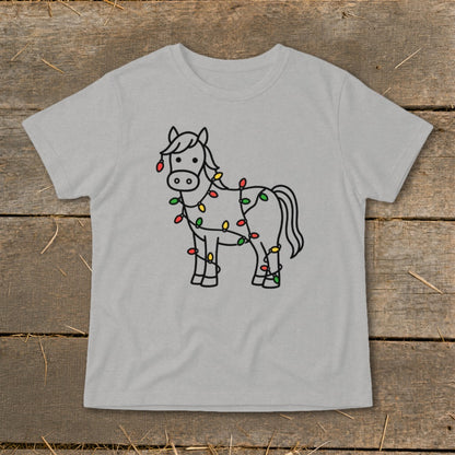 Line drawing of a horse covered in colorful Christmas lights on a gray t-shirt.