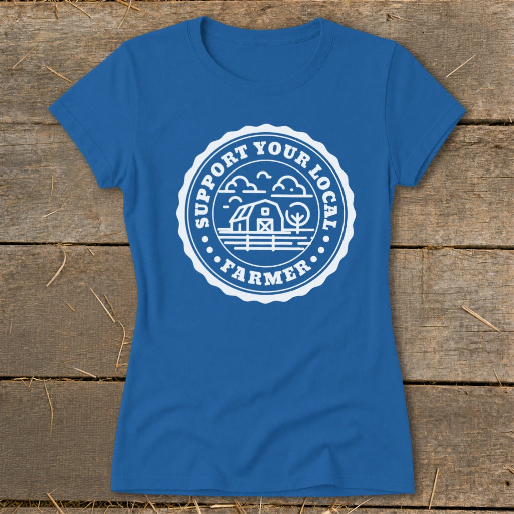 Blue t-shirt with "Support Your Local Farmer" emblem featuring a barn and trees.