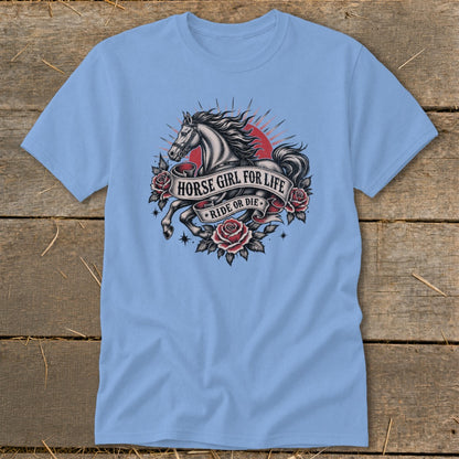 Light blue t-shirt with a vintage tattoo design of a horse, roses, and banner text.