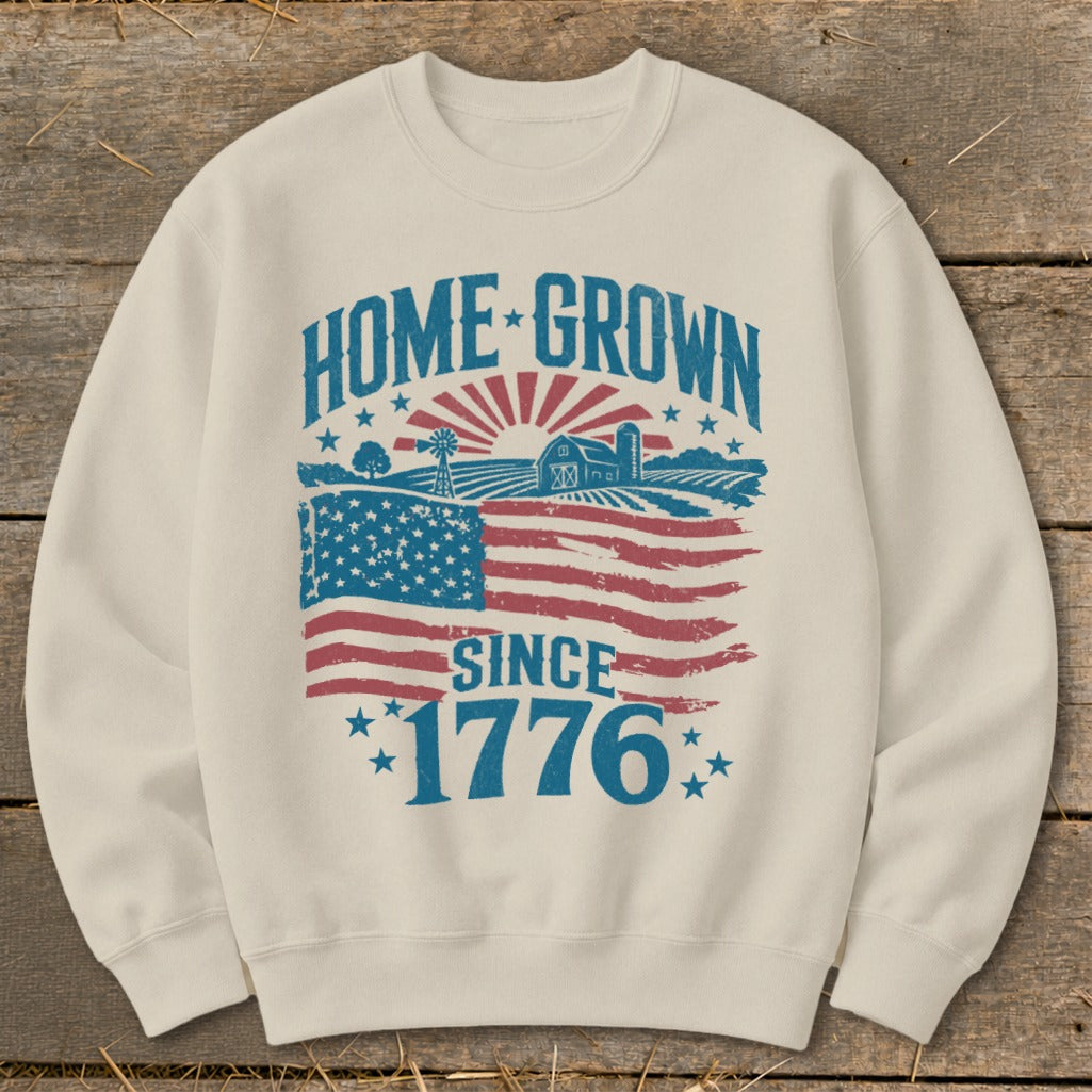 Cream sweatshirt with "HOME GROWN SINCE 1776" graphic and distressed American flag.