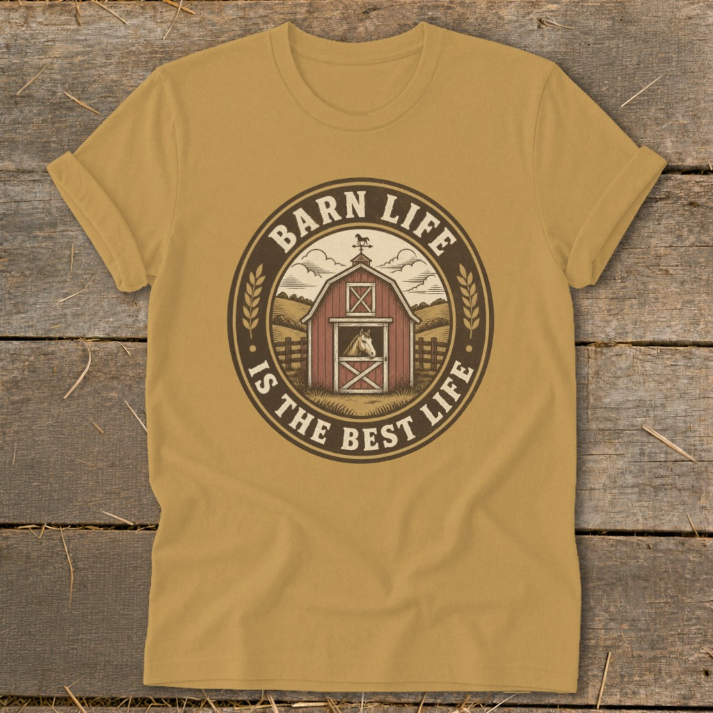 T-shirt graphic with a barn, horse, and text "Barn Life Is The Best Life".
