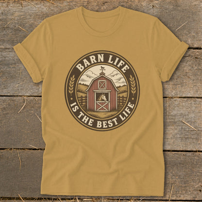 T-shirt graphic with a barn, horse, and text "Barn Life Is The Best Life".