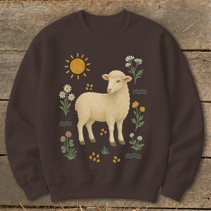 Dark brown crewneck sweatshirt with a cream sheep and floral design.