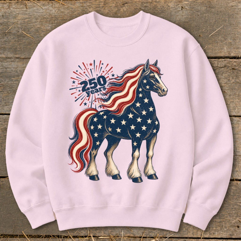 Pink sweatshirt with a patriotic horse graphic and "250 years" text.