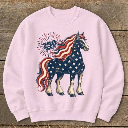 Pink sweatshirt with a patriotic horse graphic and "250 years" text.