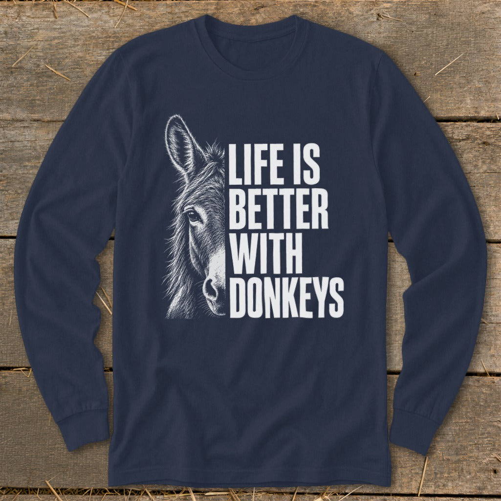 Navy long sleeve shirt with a donkey illustration and text "Life is Better With Donkeys".