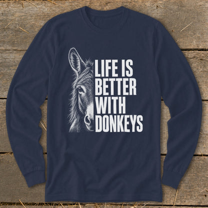 Navy long sleeve shirt with a donkey illustration and text "Life is Better With Donkeys".