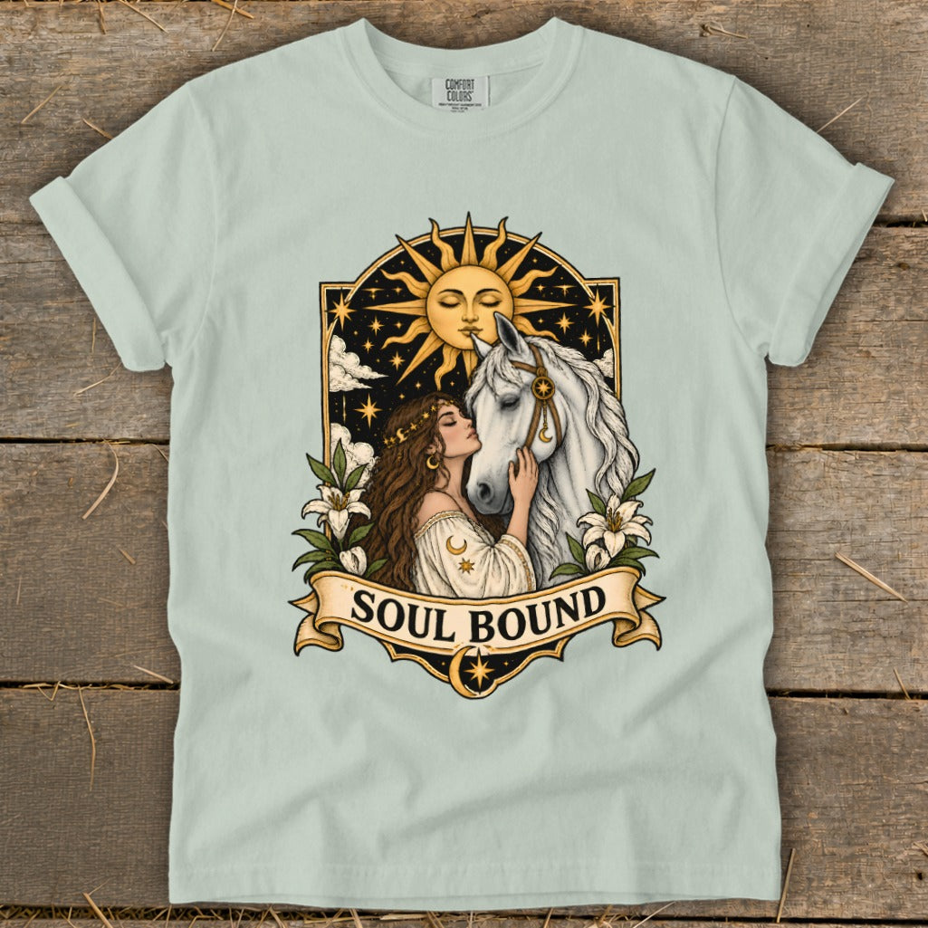 Woman with brown hair embraces white horse under sun with text "Soul Bound".