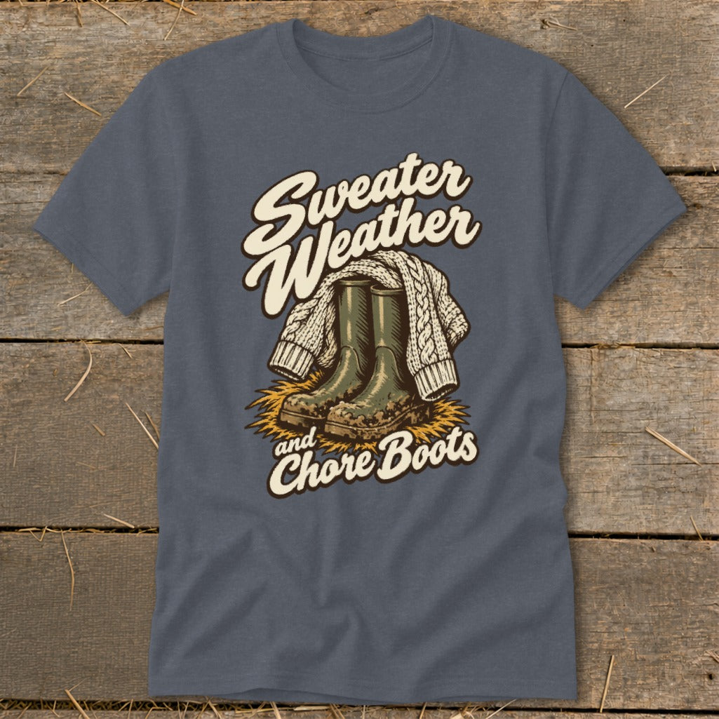 Sweater weather and chore boots graphic with boots wrapped in a sweater.