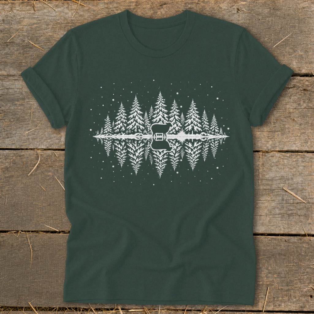 White graphic of a forest with a sheep silhouette reflected in water and an abstract guitar shape.